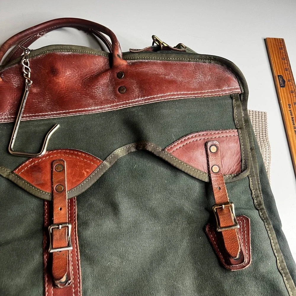 Orvis Garment Bag Vintage Canvas Leather Trim Olive Green Brown Travel Suit Bag
